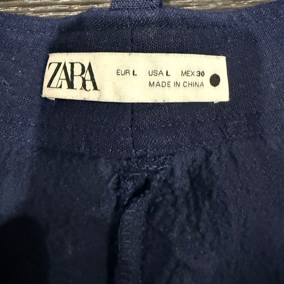 Zara Pants L Navy Blue Cream Linen Blend Embroidered Wide Leg Crop Boho Trousers - Picture 5 of 5